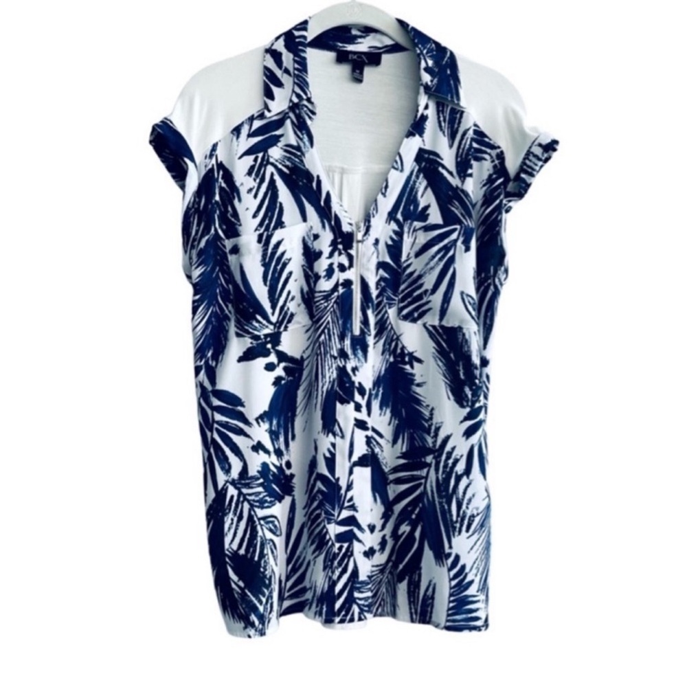 BCX Cap Sleeve Collared Blouse Mixed Media Blue White Size M